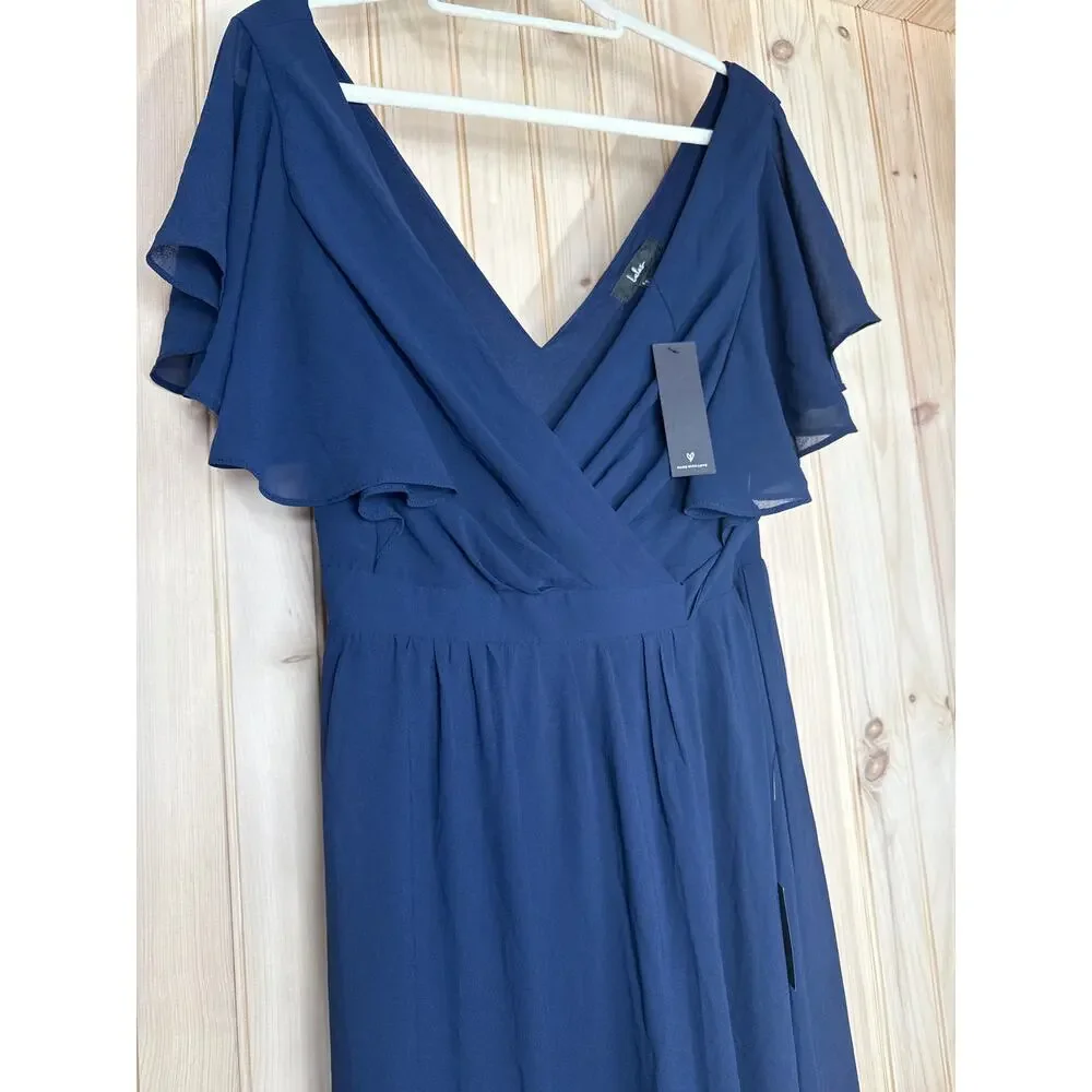 NWT Lulus Convincing Grace Navy Blue Flutter Sleeve Wrap Maxi Dress Wedding L
